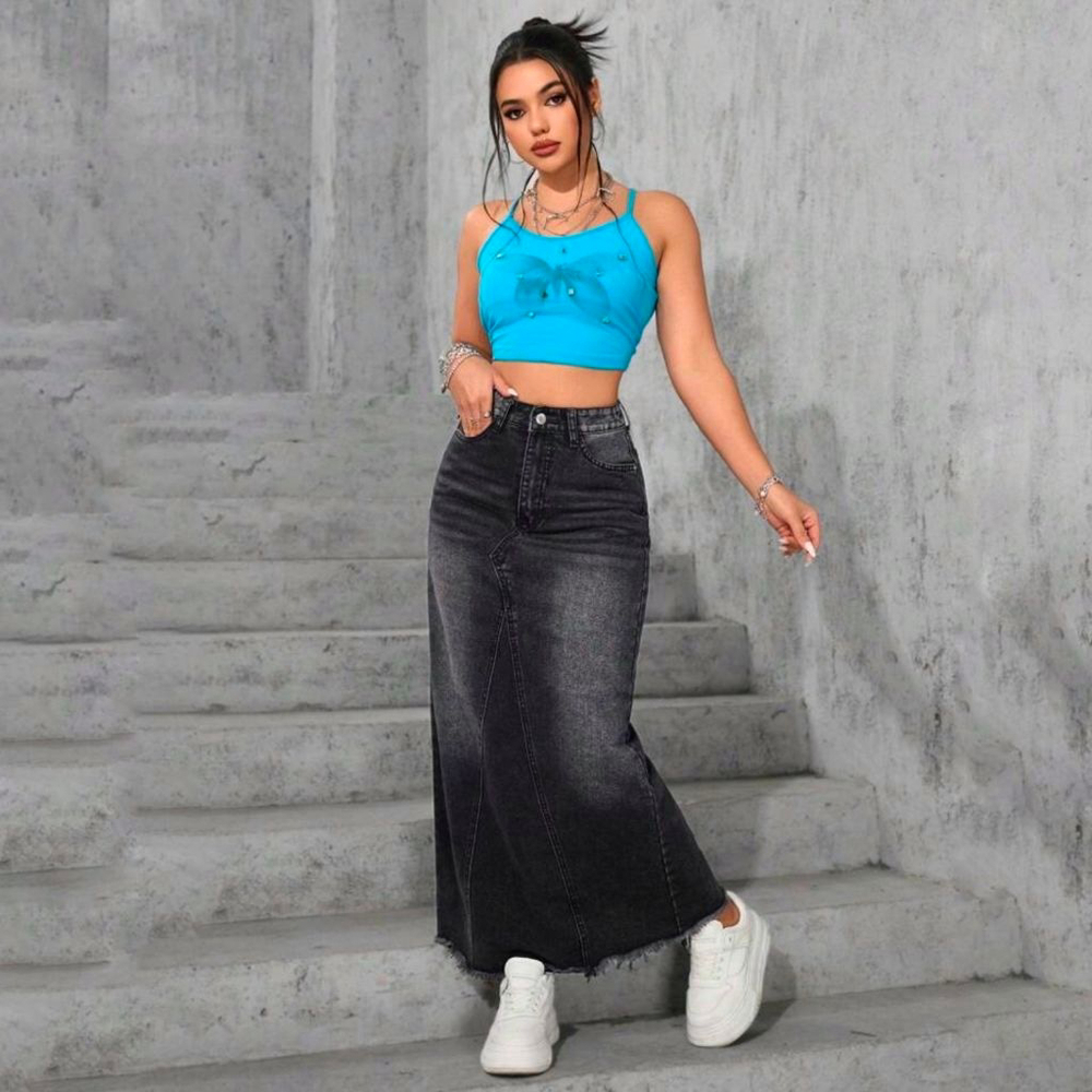 Shein Y2K gray black denim maxi skirt distressed frayed long jean women's large